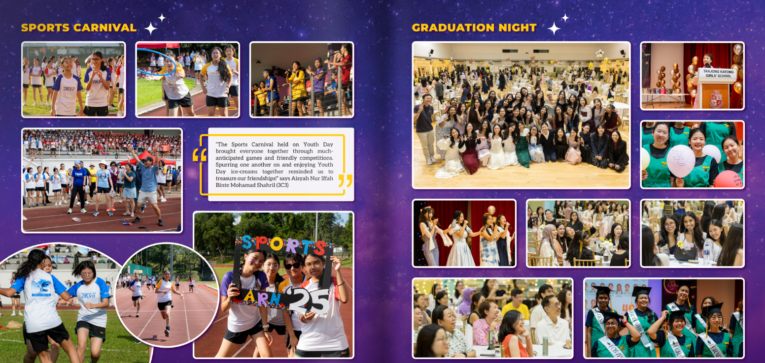 Collage of TKGS students enjoying Sports Carnival activities and celebrating Graduation Night through games, friendly competition, performances, shared memories and farewell moments with friends and teachers.